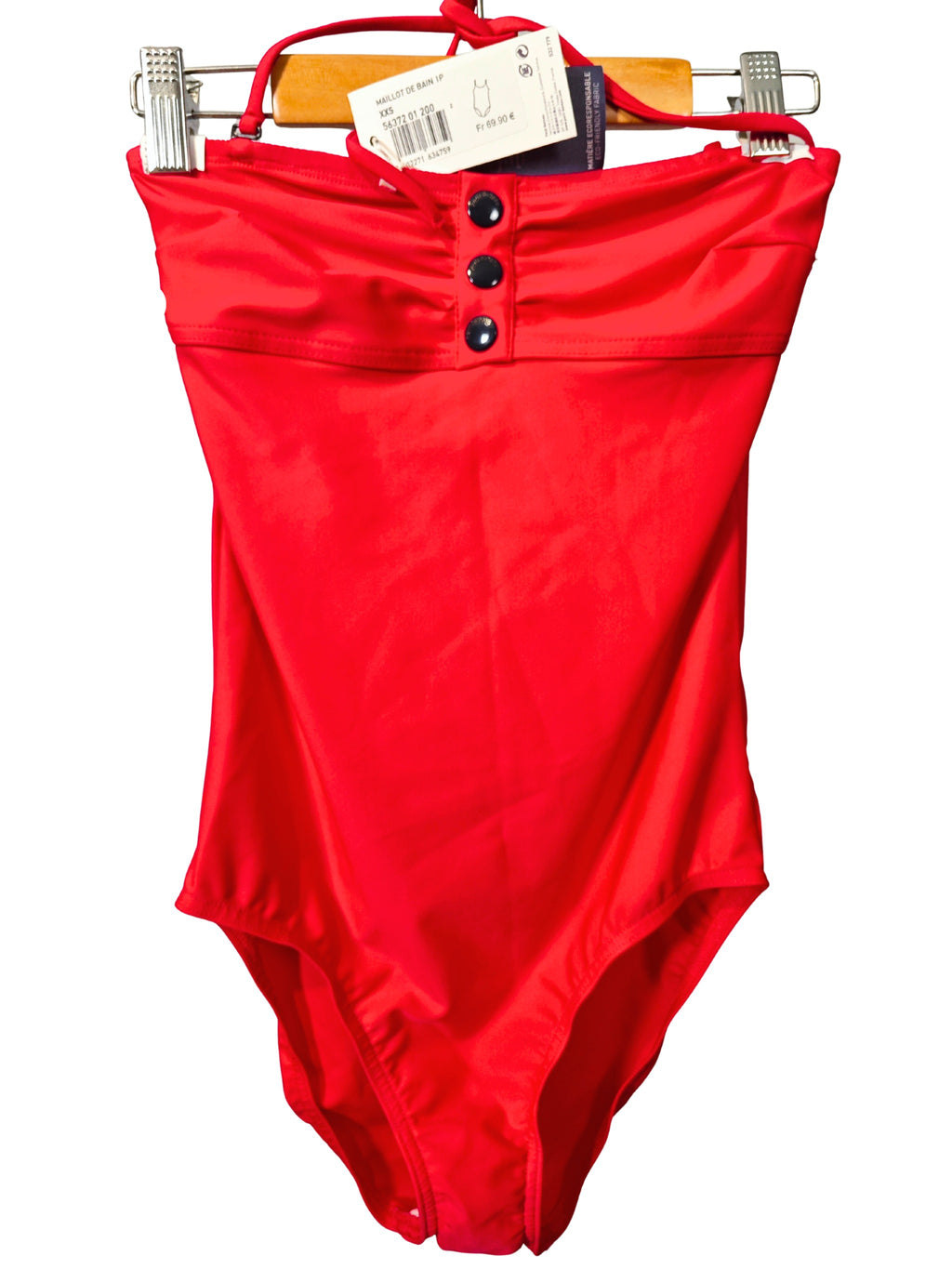 Bañador rojo Petit Bateau mujer nuevo con etiqueta, diseño elegante de una pieza con botones negros y tejido eco responsable