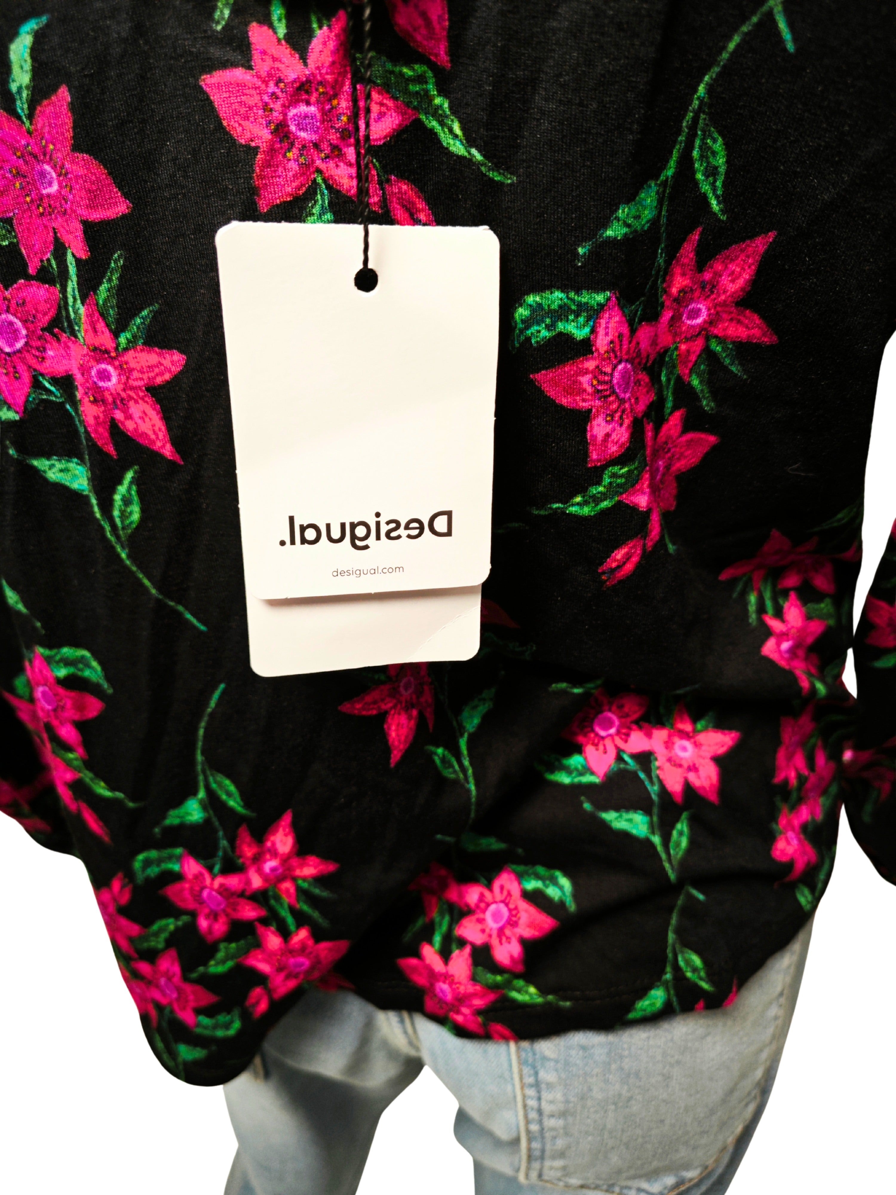 💗🌺 Blusa floral DESIGUAL negra con flores fucsia – espalda abierta sexy 🌺💗