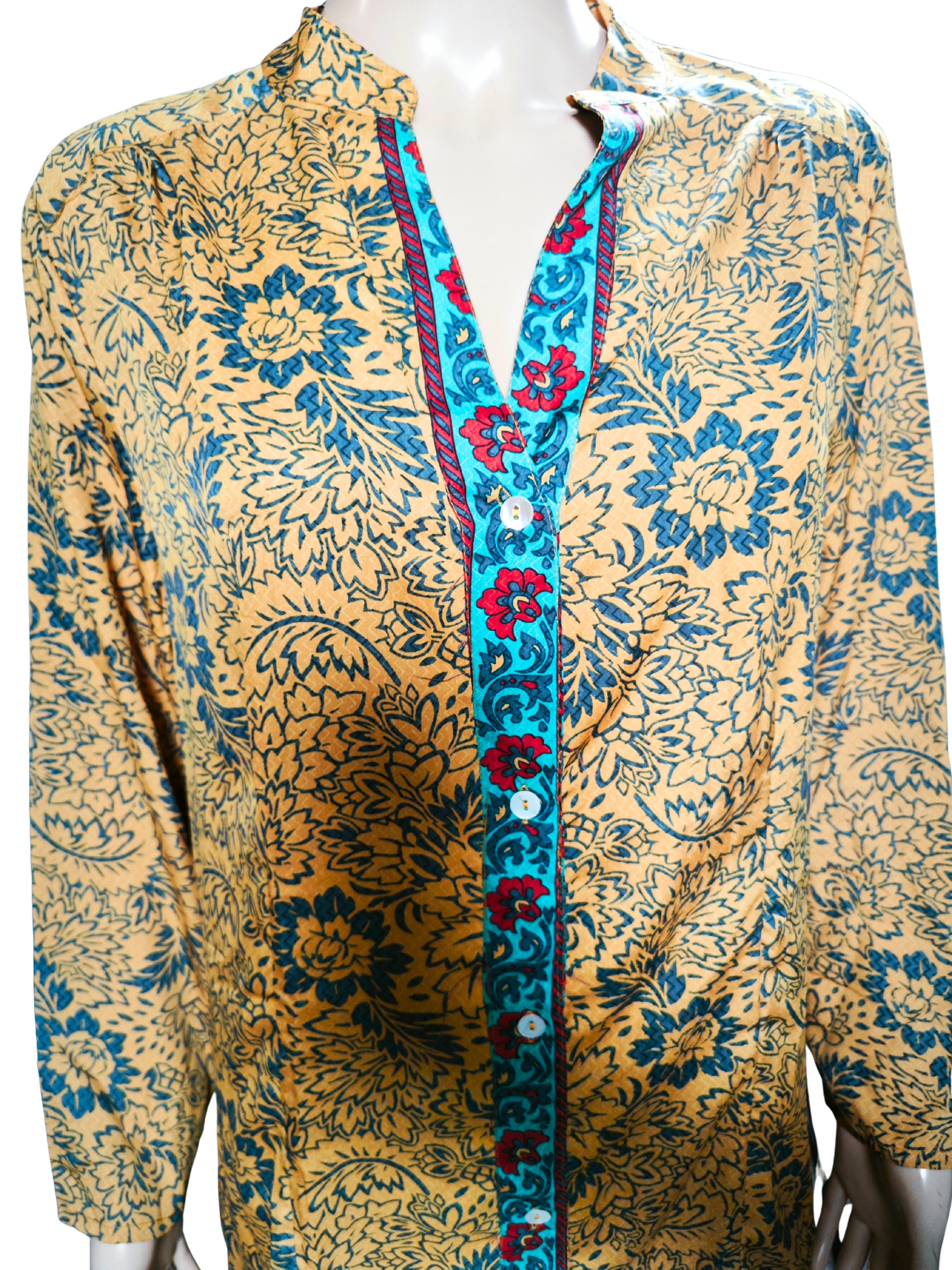 💛 Túnica boho floral ALLER SIMPLEMENT mostaza y azul fabricada de manera artesanal