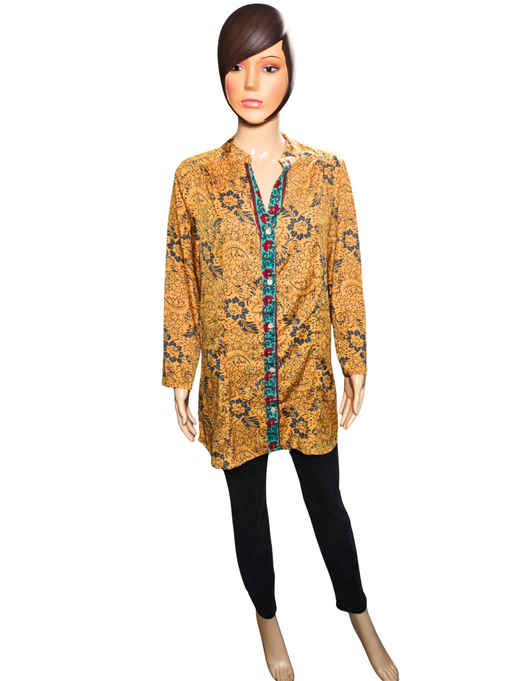 💛 Túnica boho floral ALLER SIMPLEMENT mostaza y azul fabricada de manera artesanal