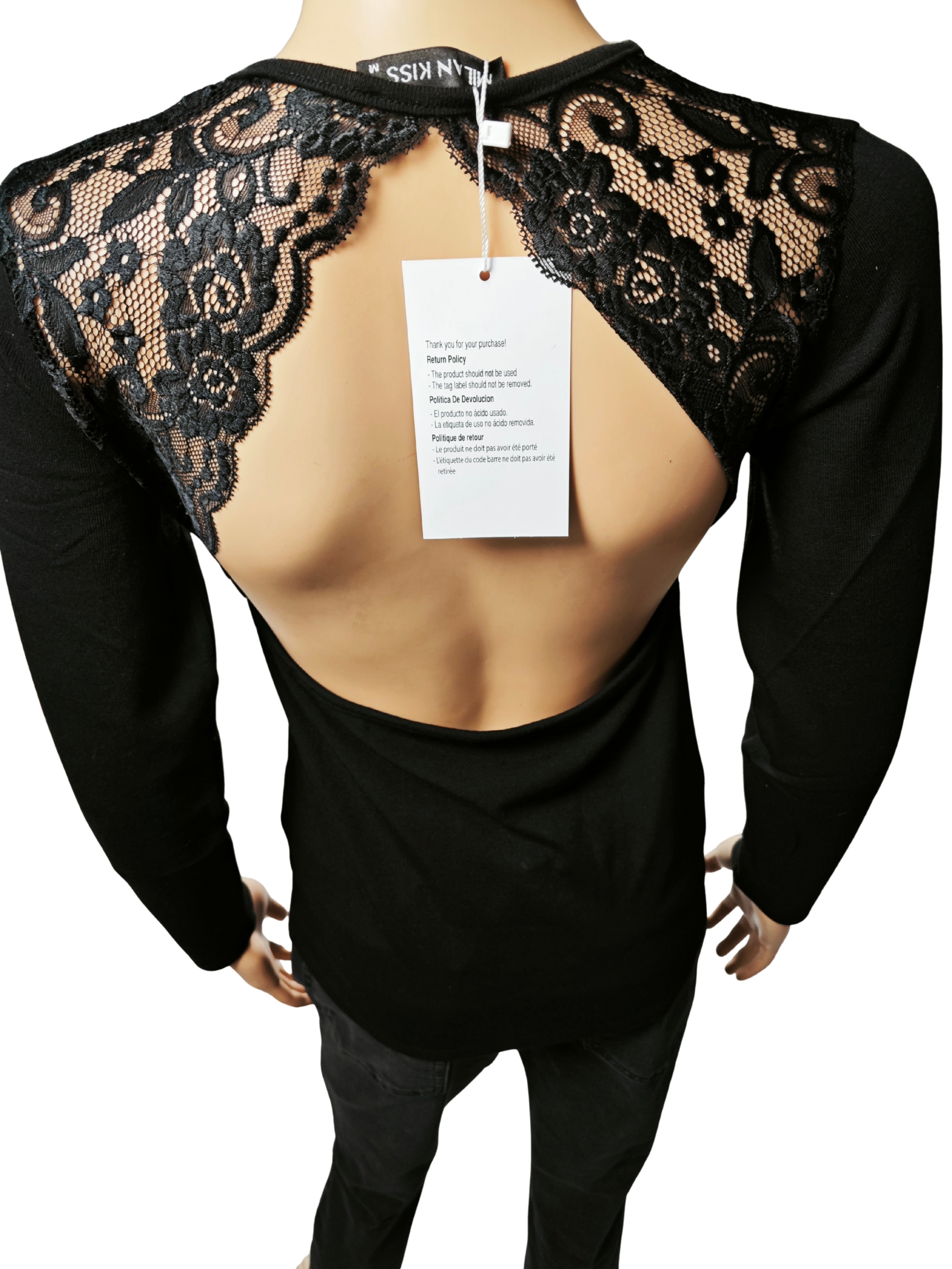 🖤 Top negro elegante MILAN KISS con encaje floral y espalda abierta – NUEVO con etiqueta