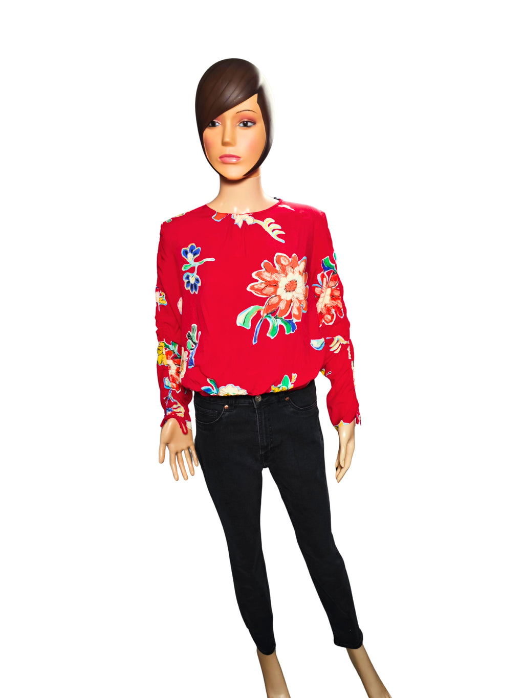 ❤️ Blusa roja floral DESIGUAL – mangas fruncidas con lazo