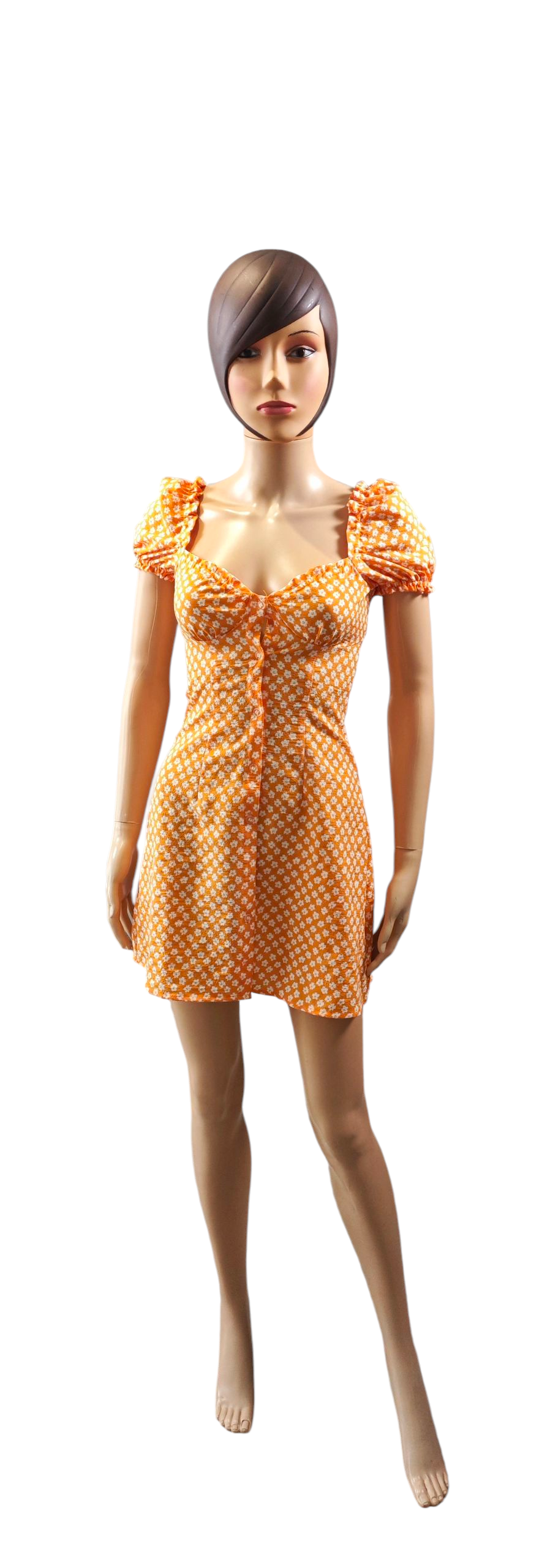 🍊 Vestido corto naranja flores manga abullonada – Talla 32 🌼