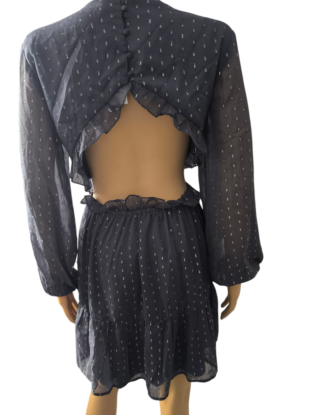 🩶 Vestido H&M gris azulado plumeti con aberturas y espalda abierta talla 46 🩶
