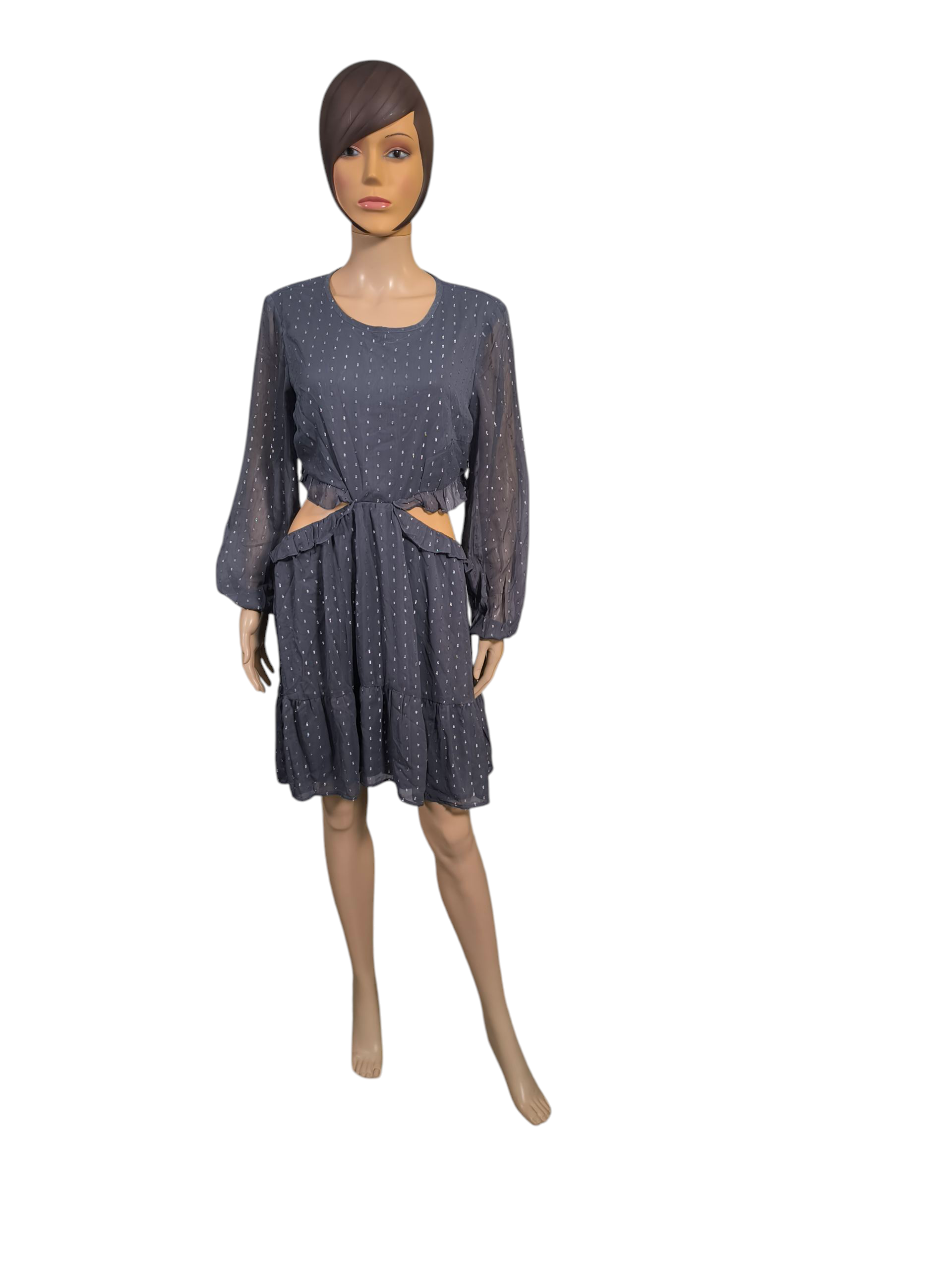🩶 Vestido H&M gris azulado plumeti con aberturas y espalda abierta talla 46 🩶