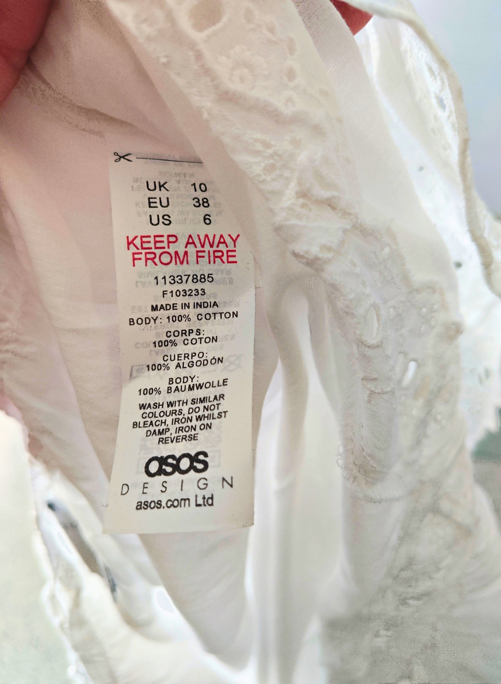 Mono Culotte ASOS DESIGN Blanco 100 % Algodón | Bordado Inglés | Espalda Escotada | Talla 38