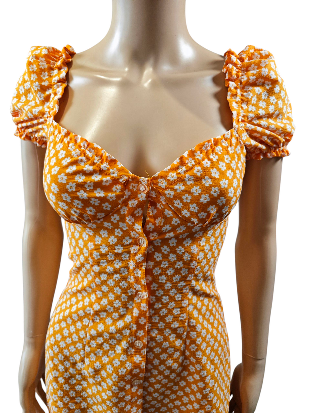 🍊 Vestido corto naranja flores manga abullonada – Talla 32 🌼