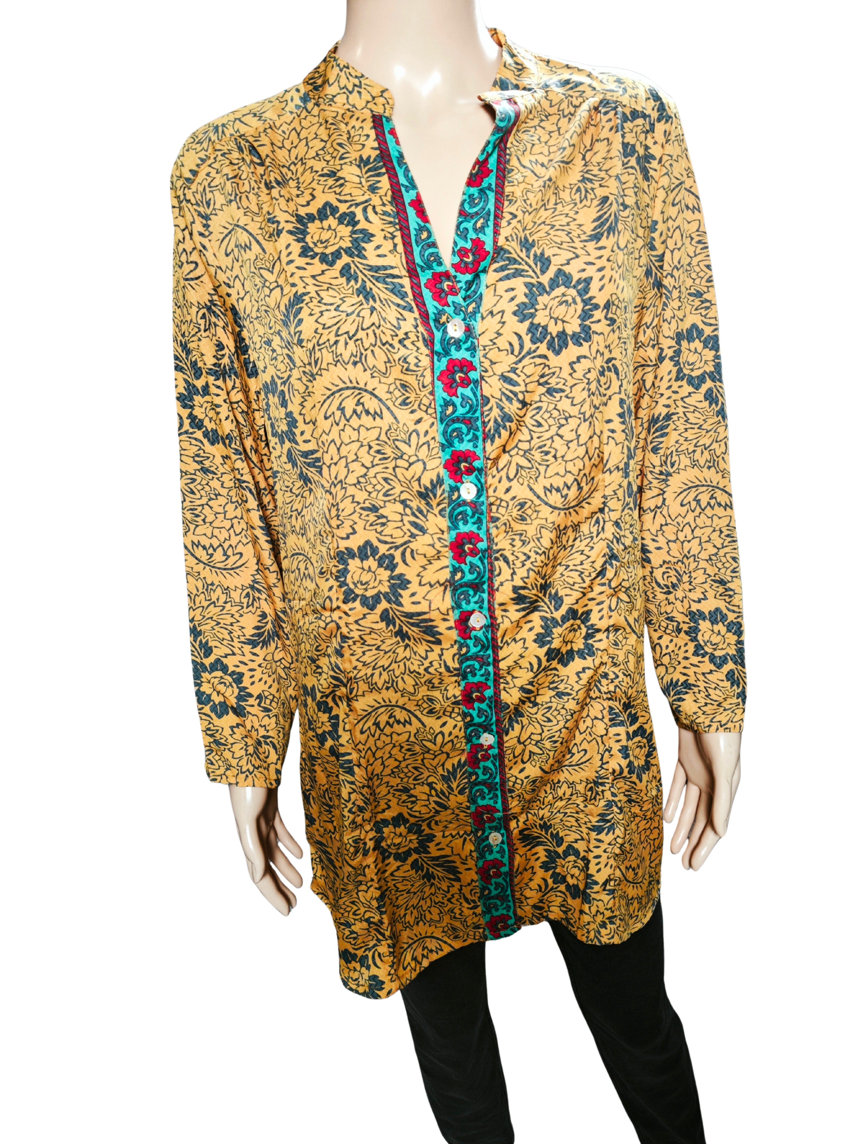 💛 Túnica boho floral ALLER SIMPLEMENT mostaza y azul fabricada de manera artesanal