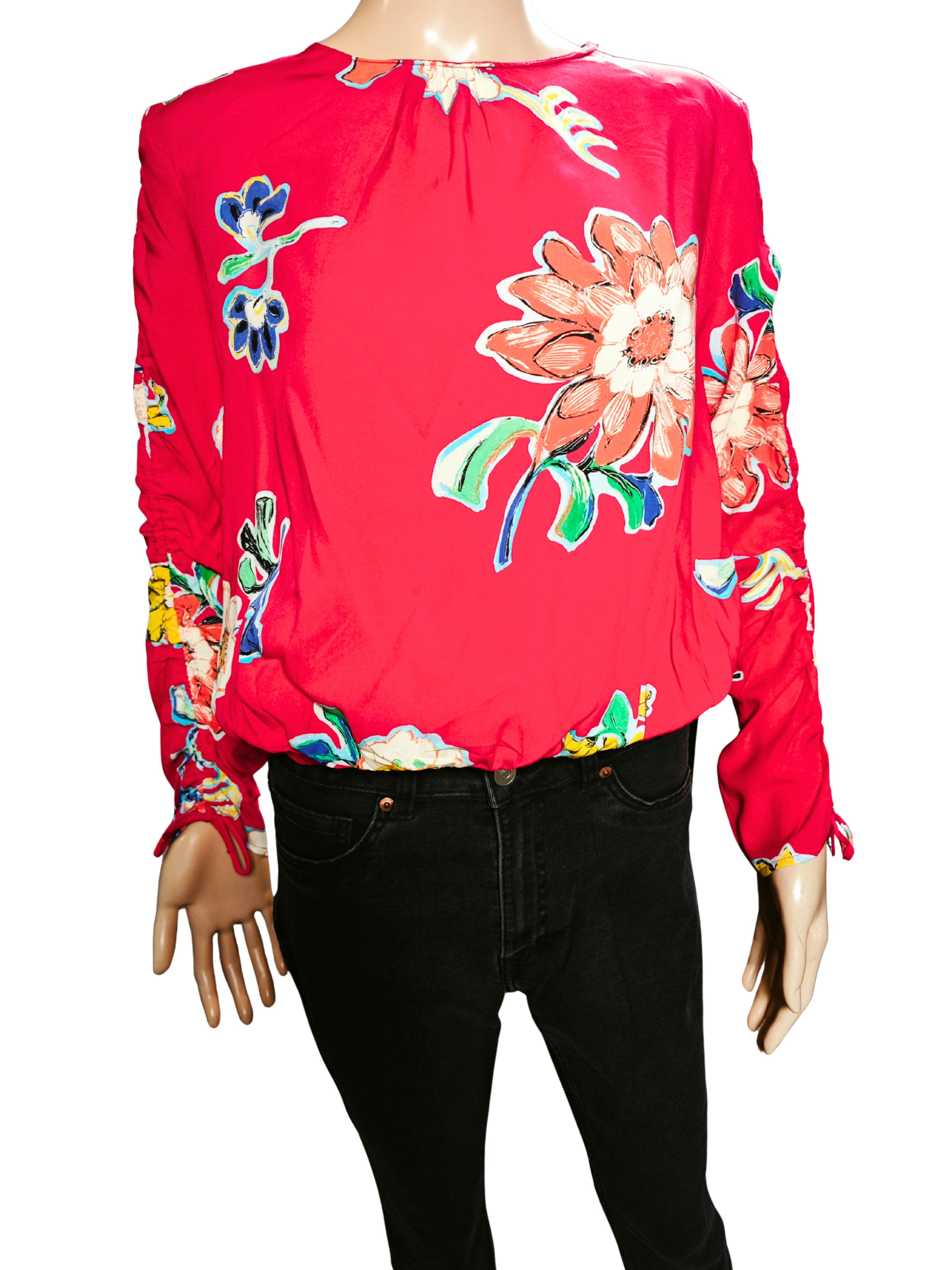 ❤️ Blusa roja floral DESIGUAL – mangas fruncidas con lazo