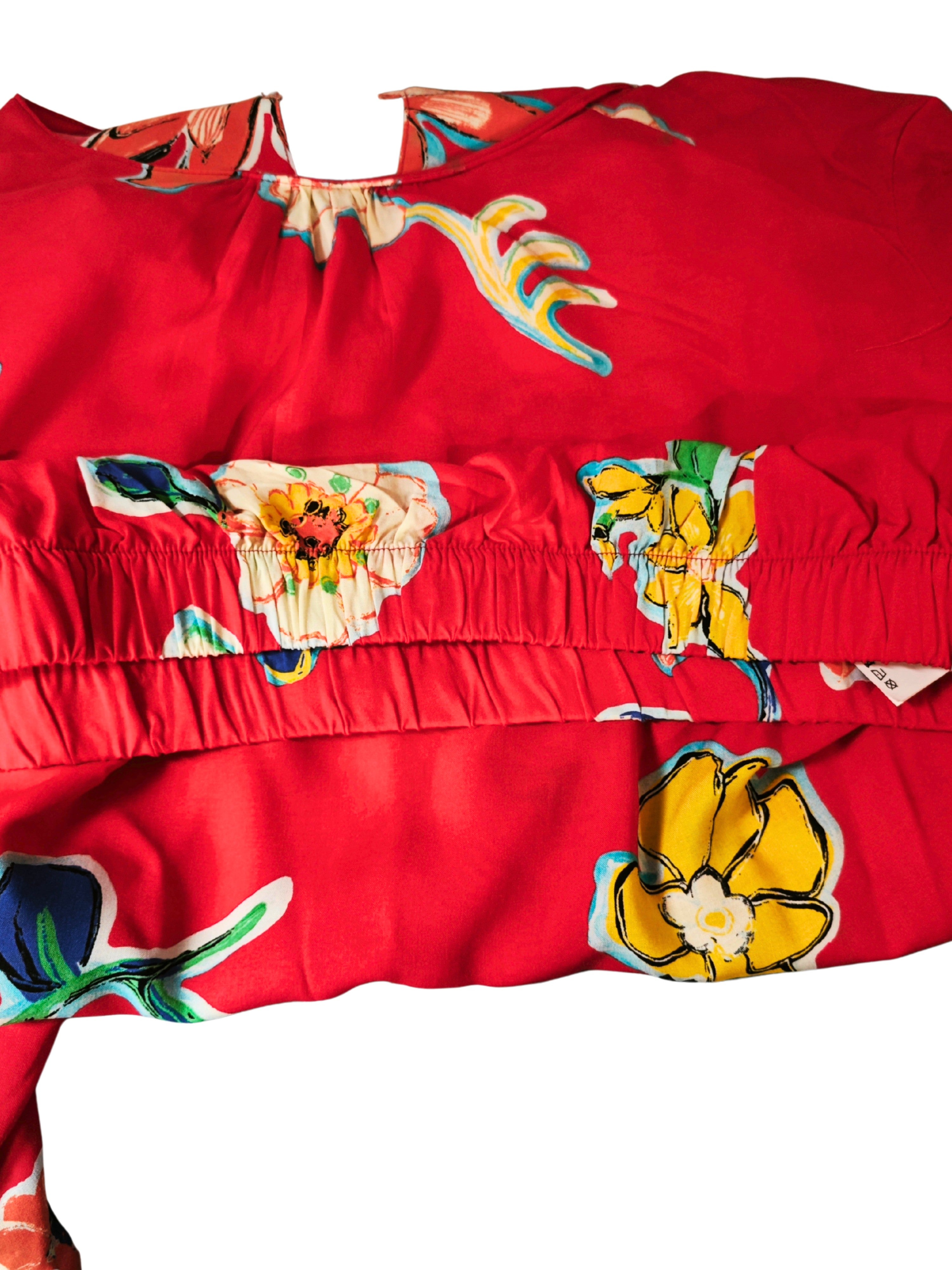 ❤️ Blusa roja floral DESIGUAL – mangas fruncidas con lazo